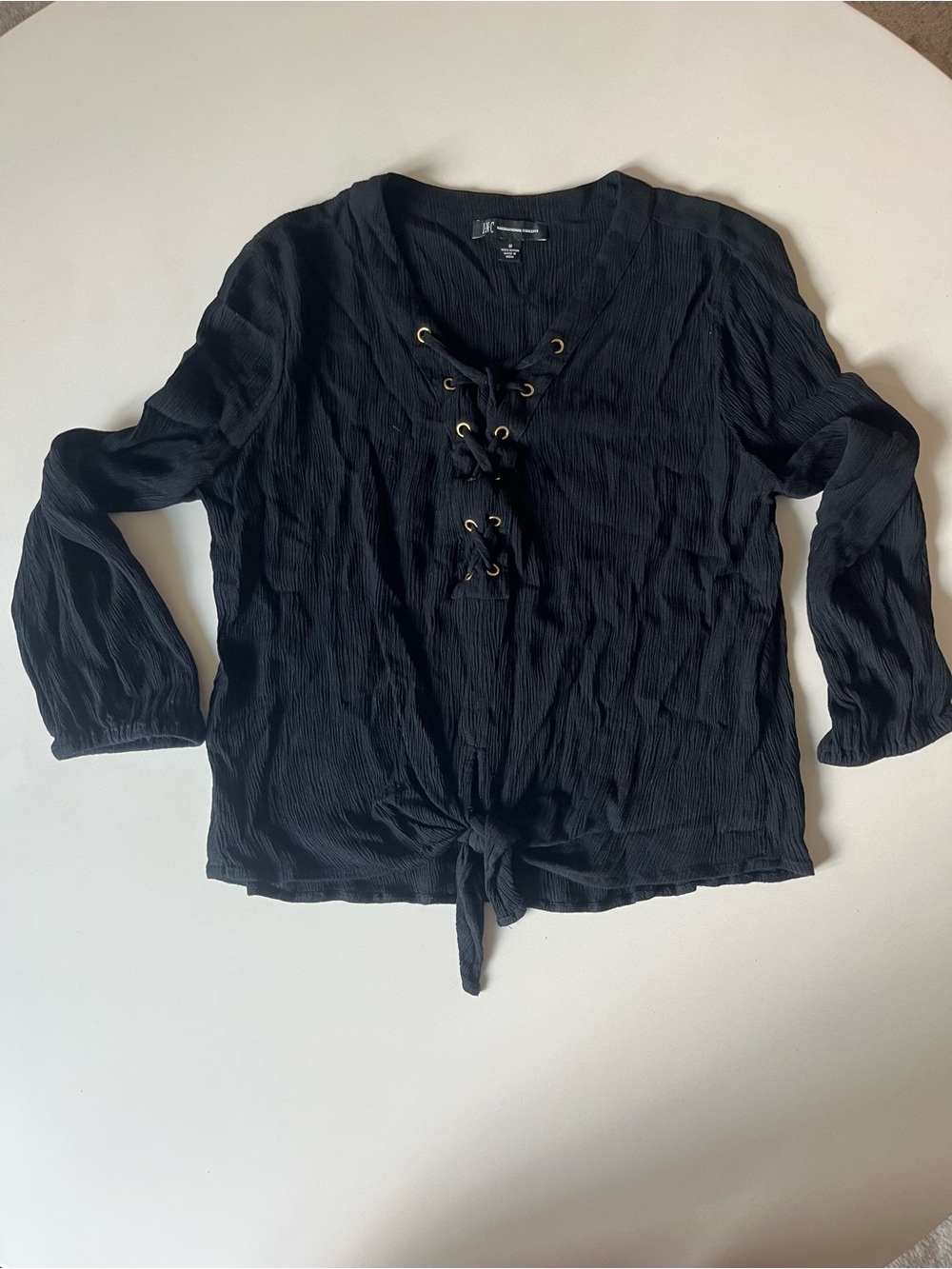 INC International Concepts Black Lace Up Tie Front Blouse, Size Medium